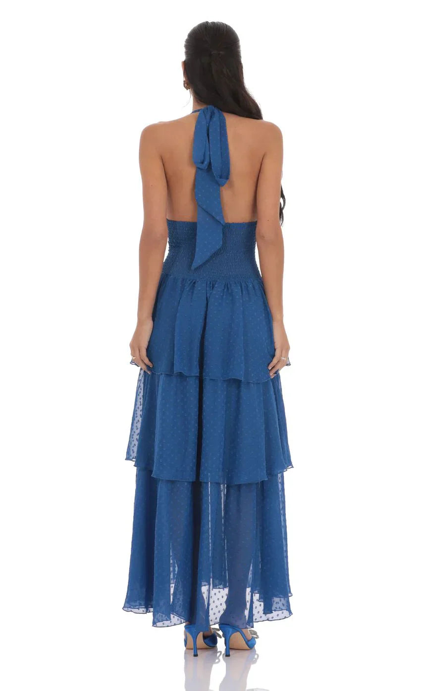 Dotted Smocked Halter Maxi Dress in Blue