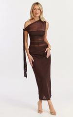 Astrid Midi Dress - One Shoulder Contrast Satin Dress in Chocolate
