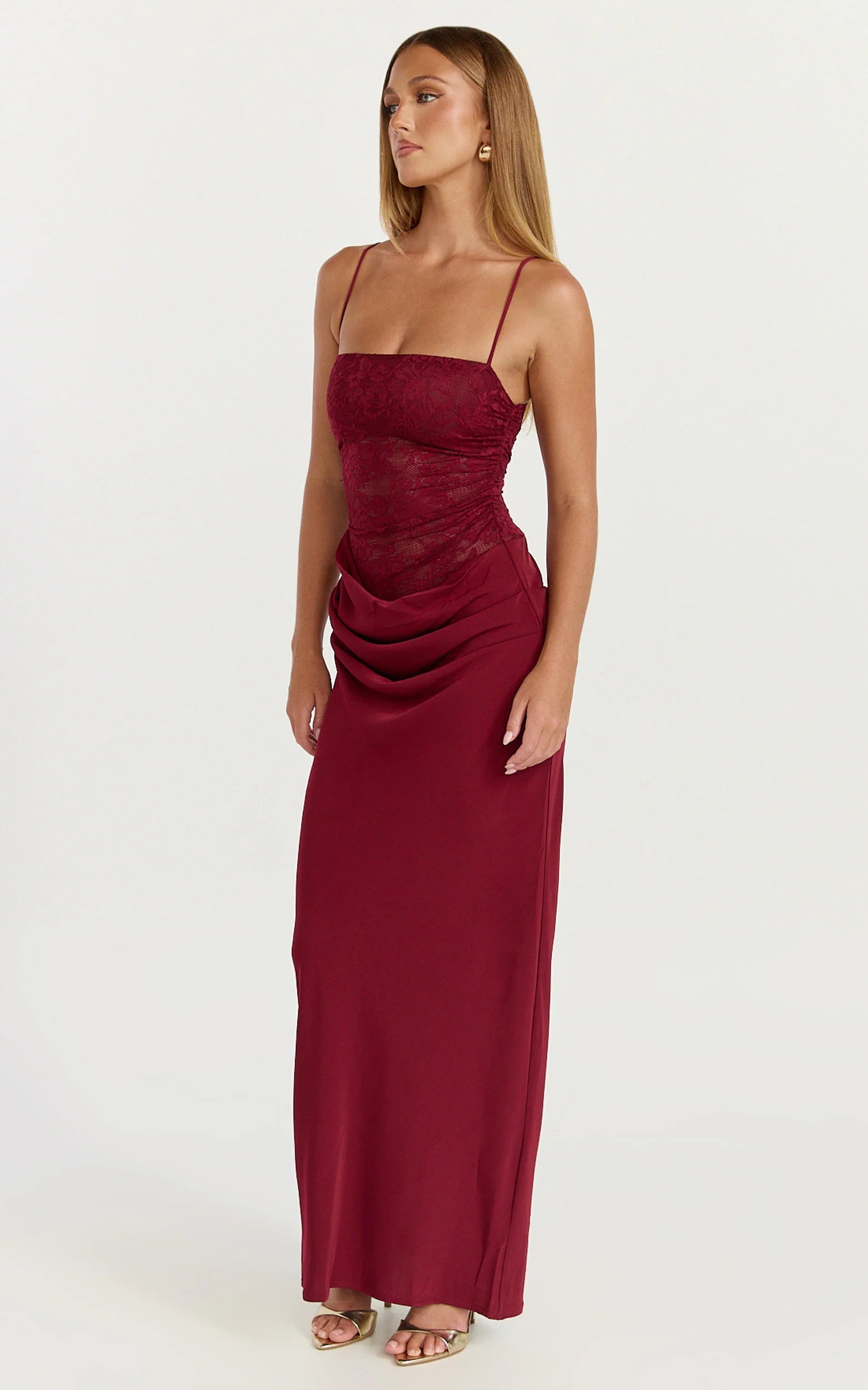 Rania Maxi Dress - Contrast Lace Bodice Bias Cowl Drop Waist Dress in Wine