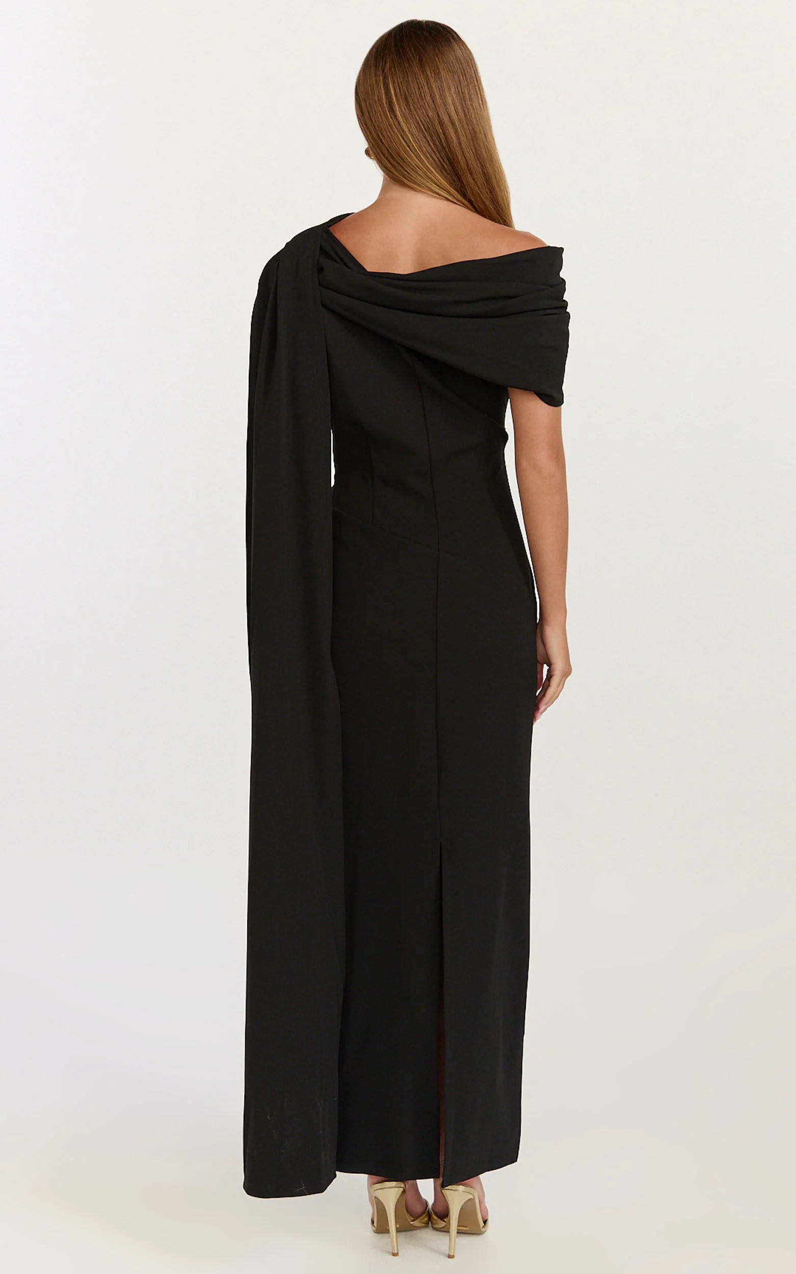 Visenta Midi Dress - Asymmetrical Sleeve Dress in Black