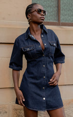 Leilani Mini Dress - Denim Short Sleeve Button Up Dress with Gold Hardware in Indigo Denim