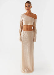 Wisteria Off Shoulder Long Sleeve Sequin Top - Champagne