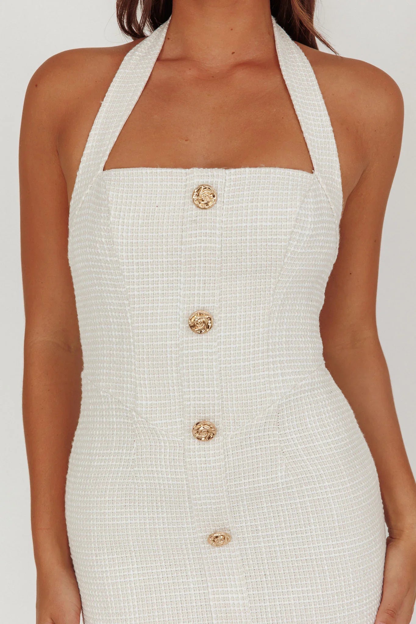 She Is Button Front Halter Midi Dress Tweed White