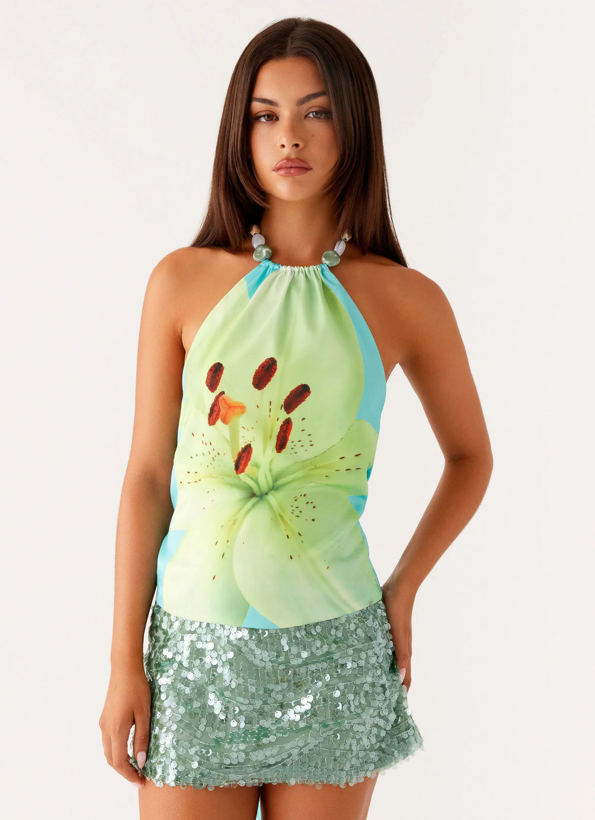 Dalila Beaded Tie Back Top - Turquoise Floral