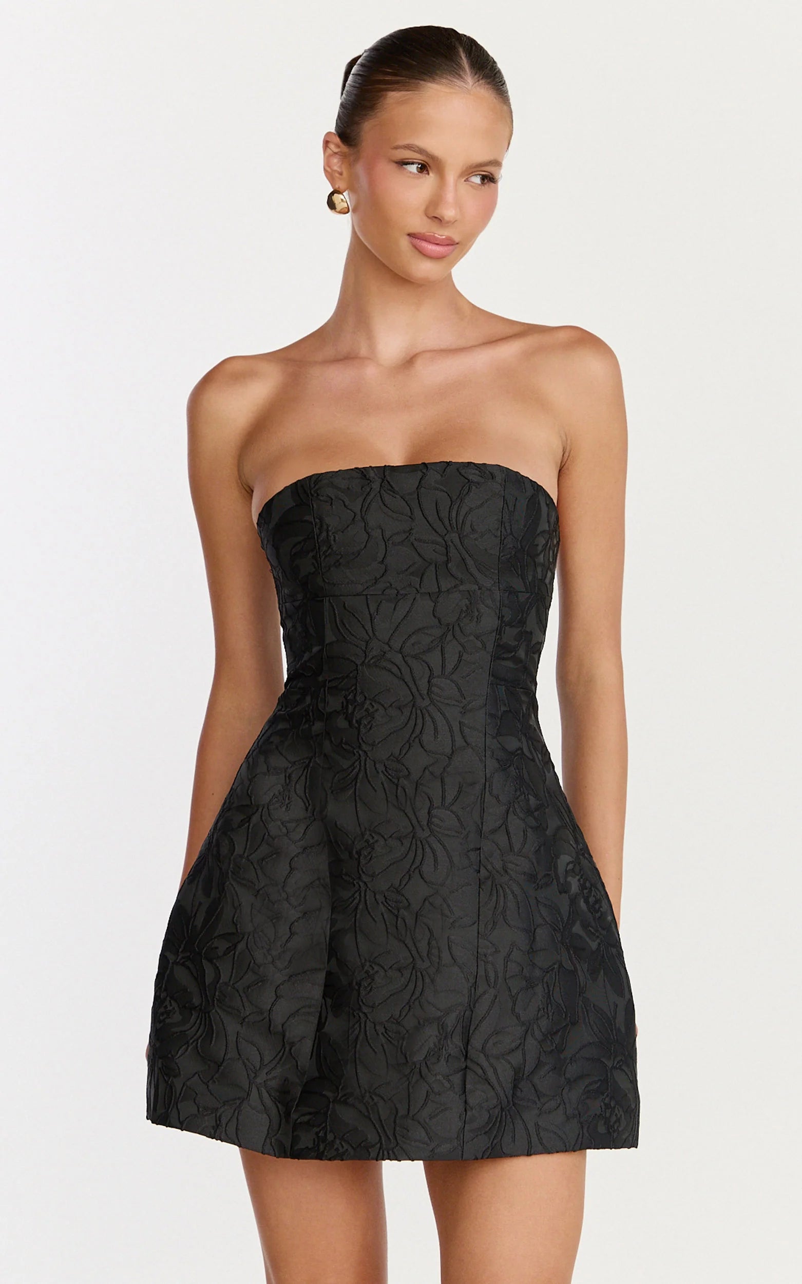 Rosalie Mini Dress - Strapless Jacquard Floral Mini Dress in Black