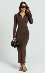 Rimona Midi Dress - Long Sleeve Gathered Waist Midi Shirt Dress in Brown