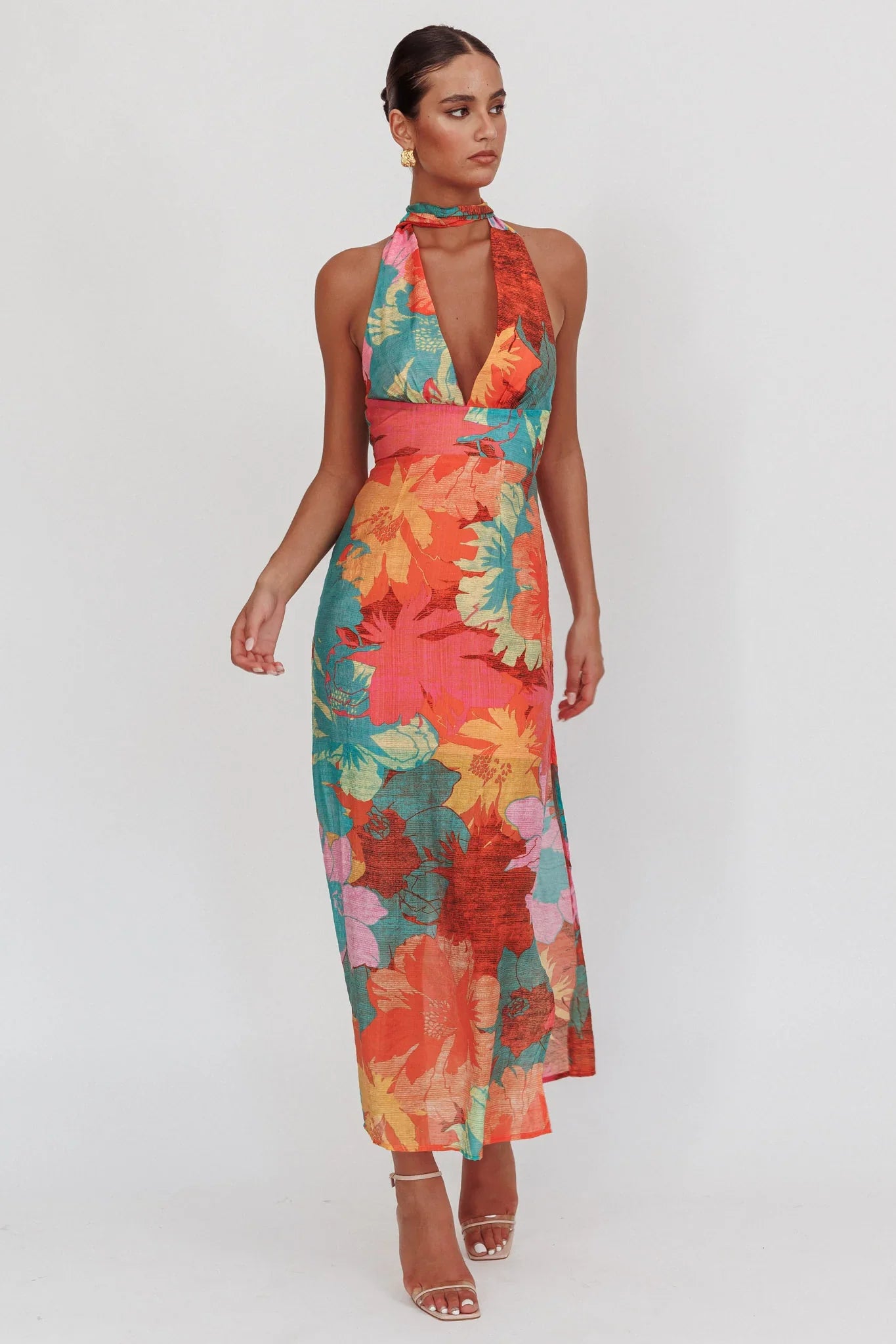 Cipriana Backless Halter Maxi Dress Floral Pink