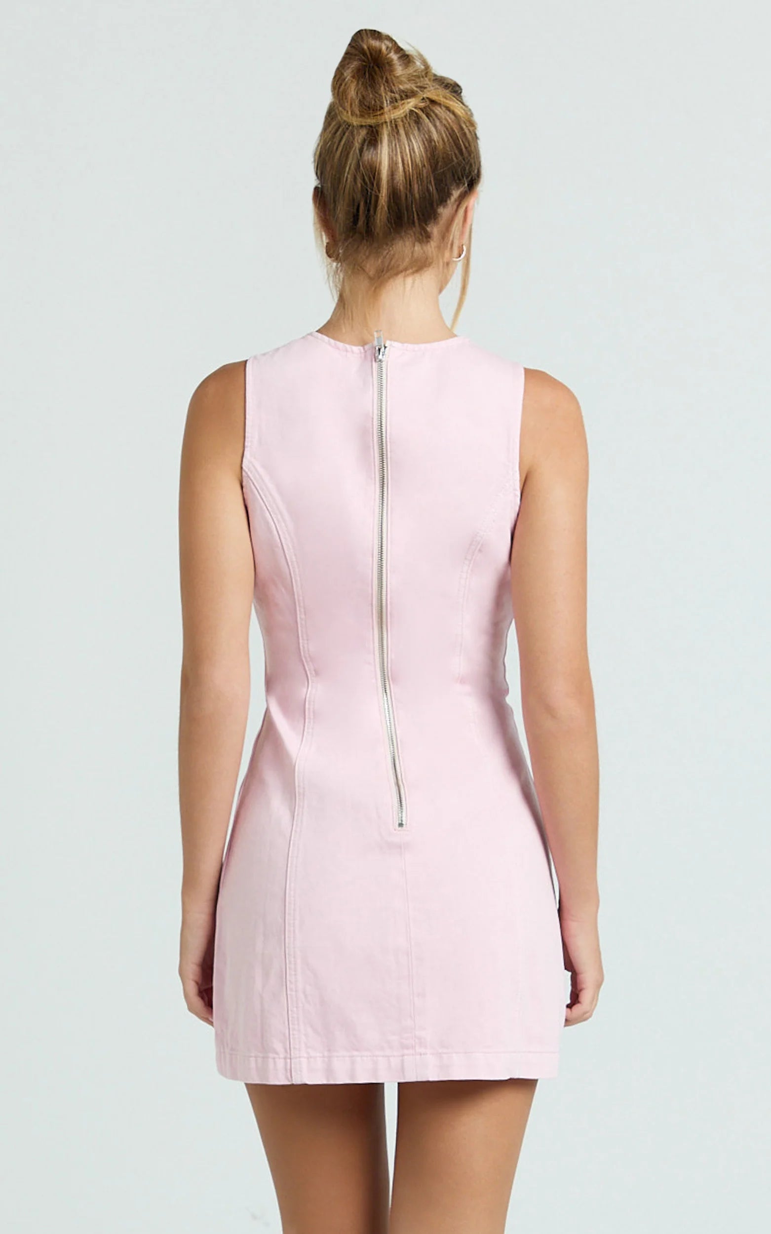 Olenna Mini Dress - High Neck Fitted Denim Dress in Pink