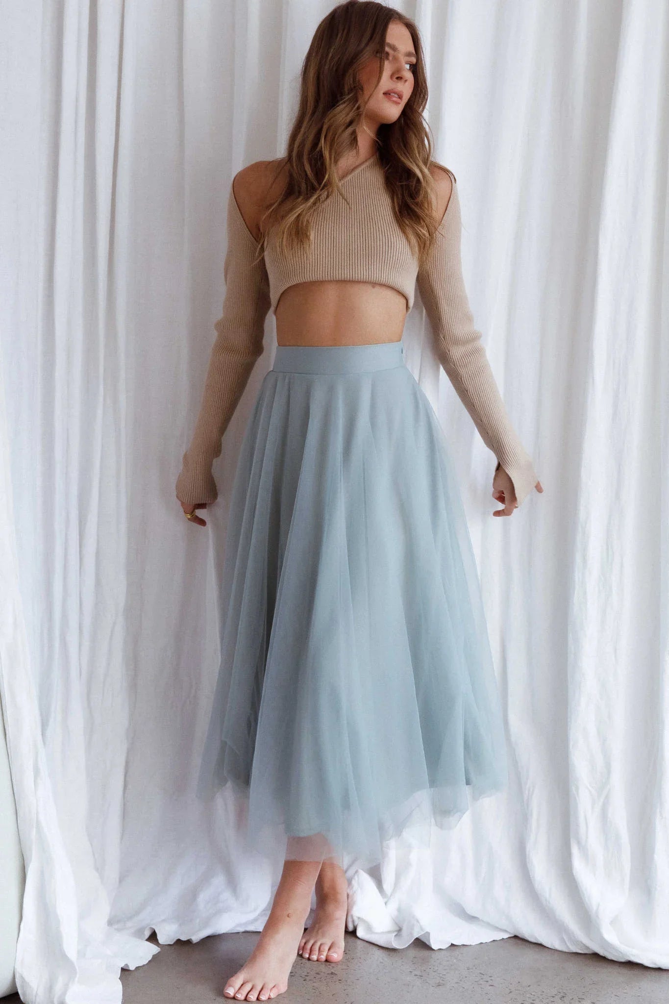 Jasmine Organza Mesh Elasticated Waist Midi Skirt Sage
