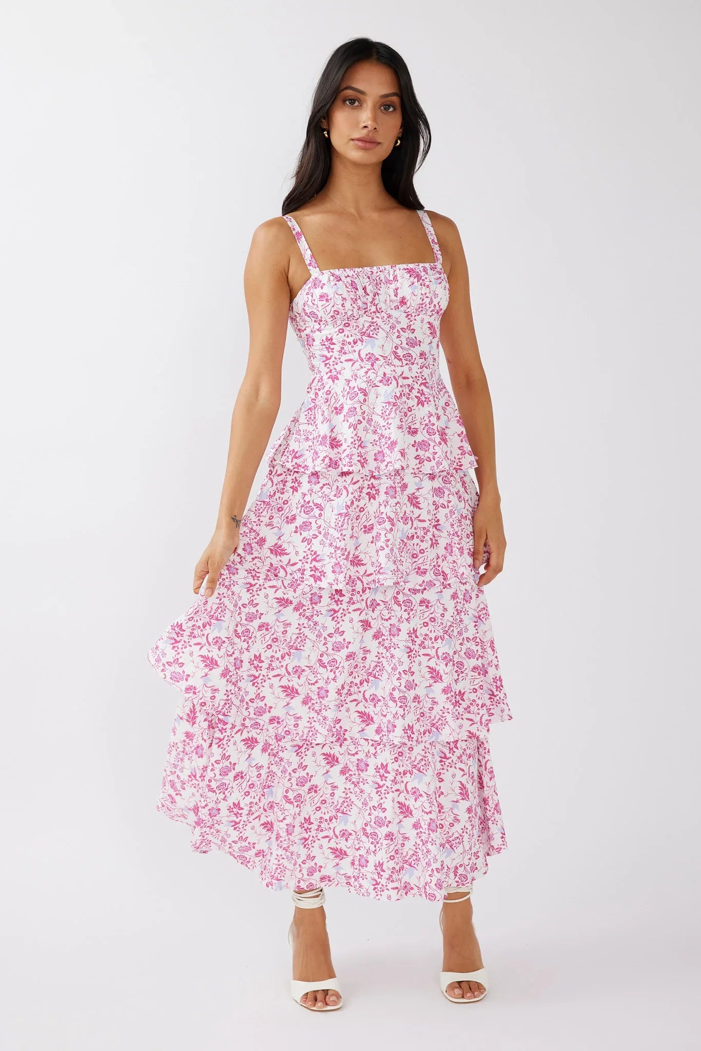 Provence Bloom Tiered Midi Dress Floral Pink