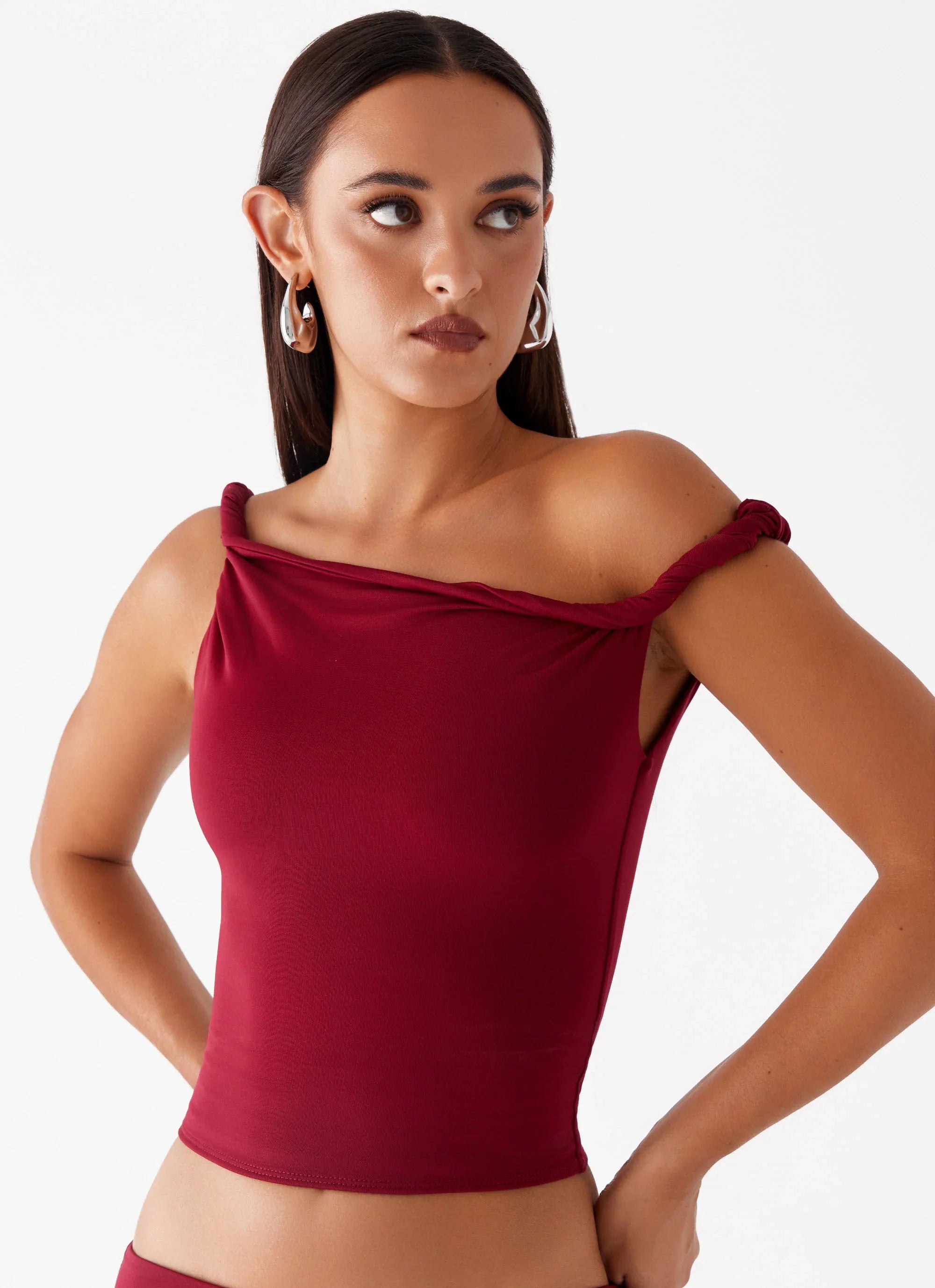 Solace Soul Twist Shoulder Top - Maroon