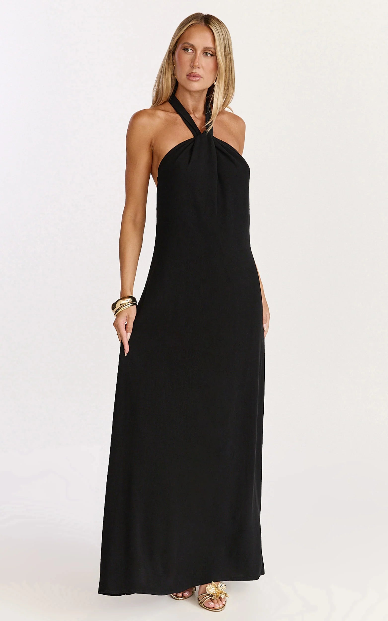 Hilda Maxi Dress - Knot Detail Halter Neck Maxi Dress in Black