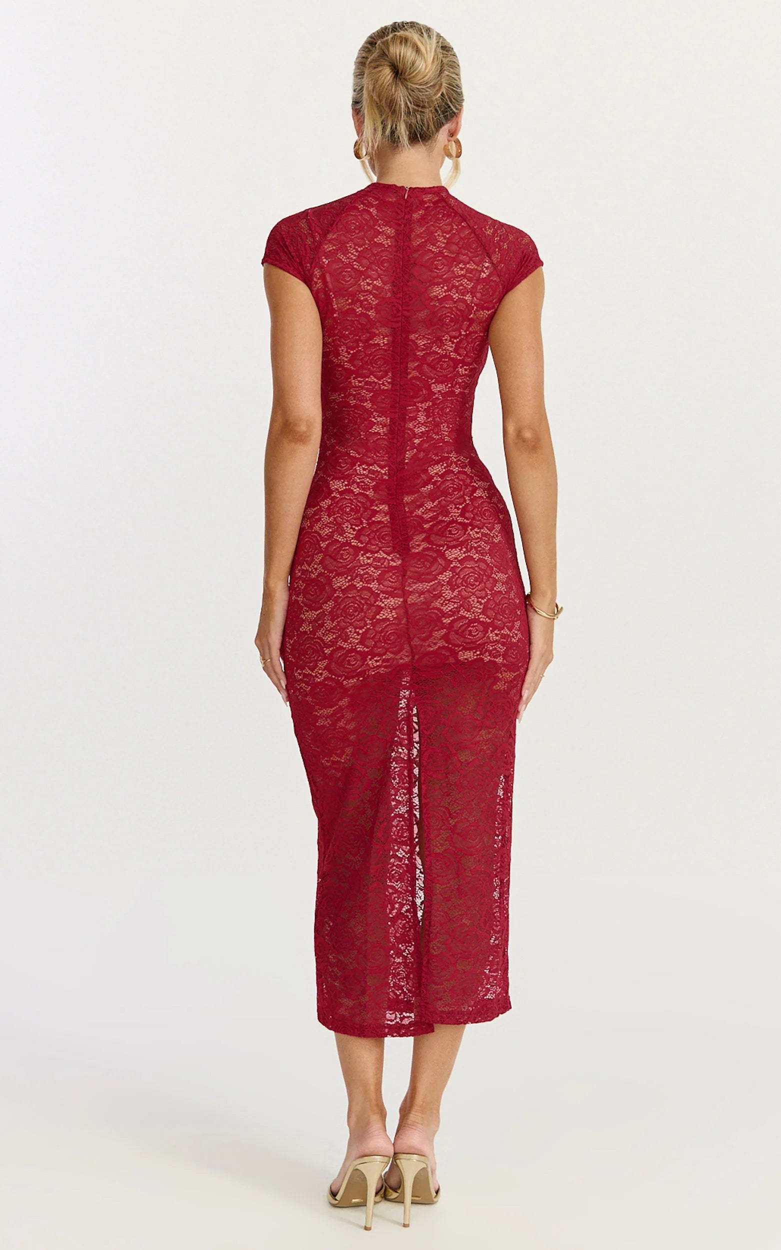 Emma Midi Dress - Lace Cap Sleeve Bodycon Dress in Wine