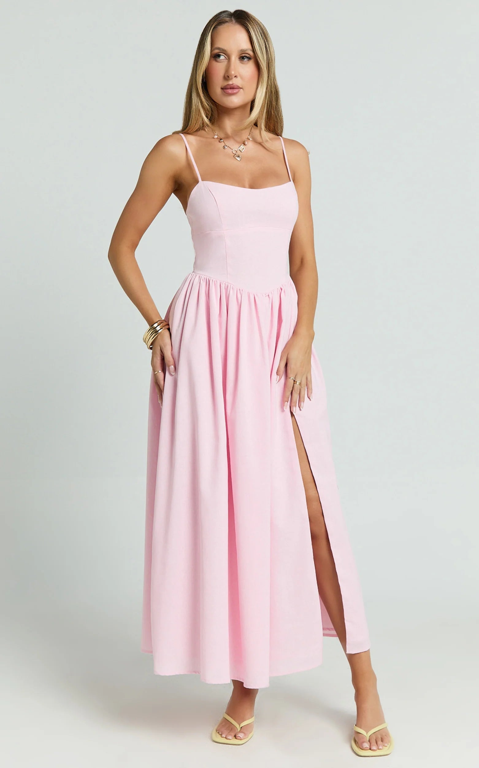 Morris Midi Dress - Linen Scoop Neck Gathered Dress in Pink
