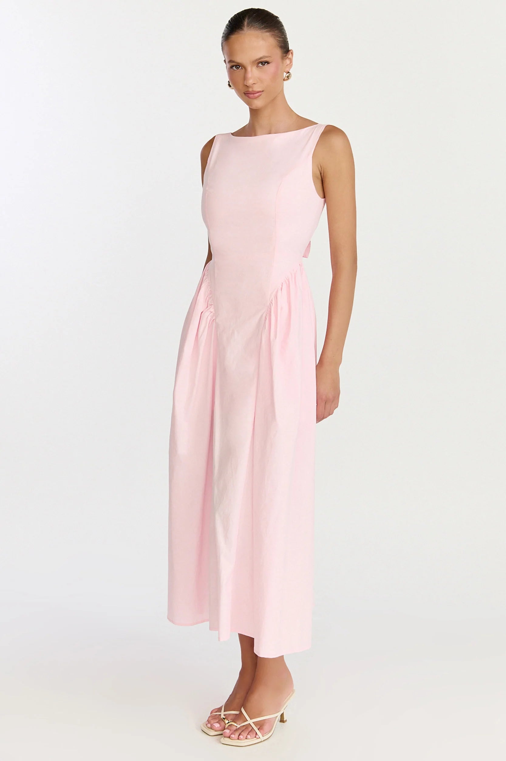 Casina Midi Dress - Boat Neck Tie Back Fit And Flare Dress in Pale Pink